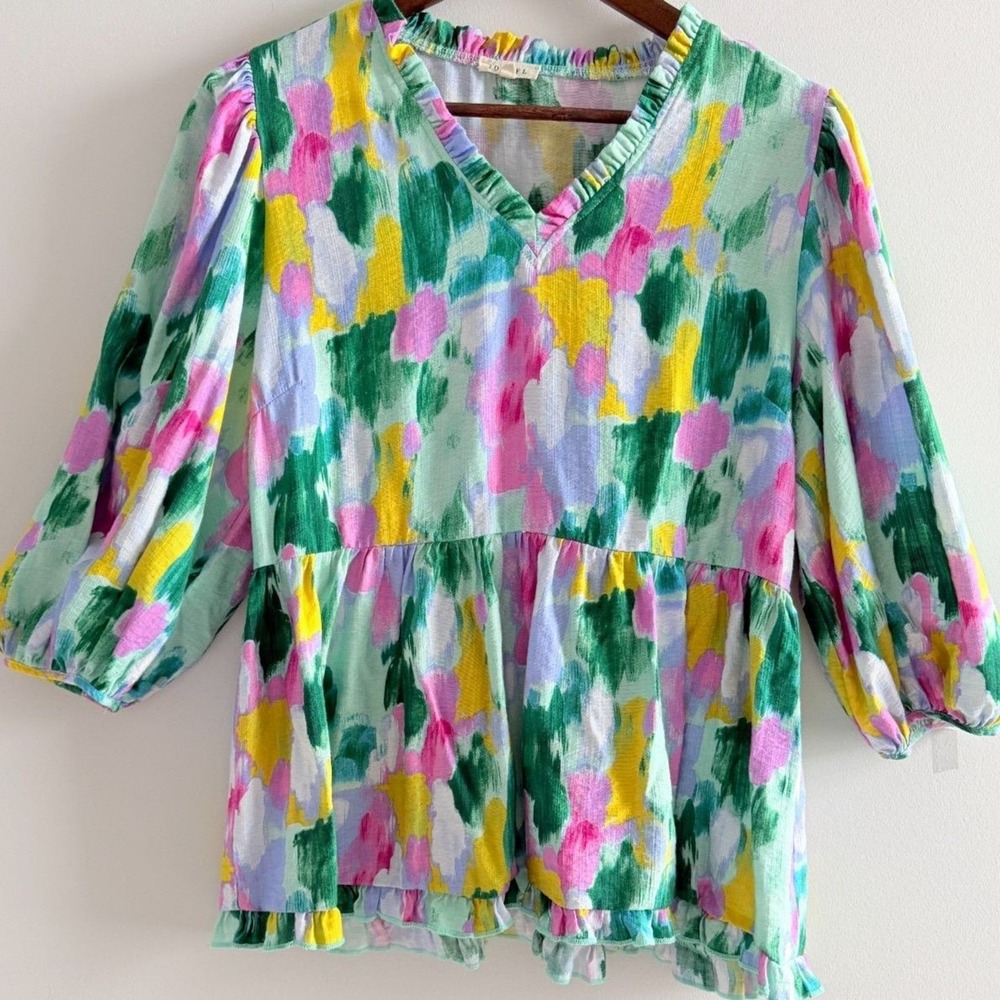 Jodifl Womens Abstract Painterly Print Peplum Top Small Multicolor Boho Ruffle